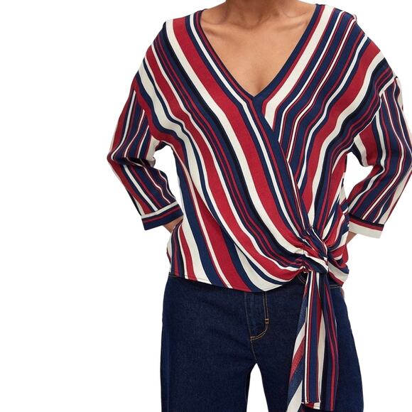 Zara Nautical Red White Blue Striped Drape Tie Waist V-Neck Top Size Small - Picture 1 of 12